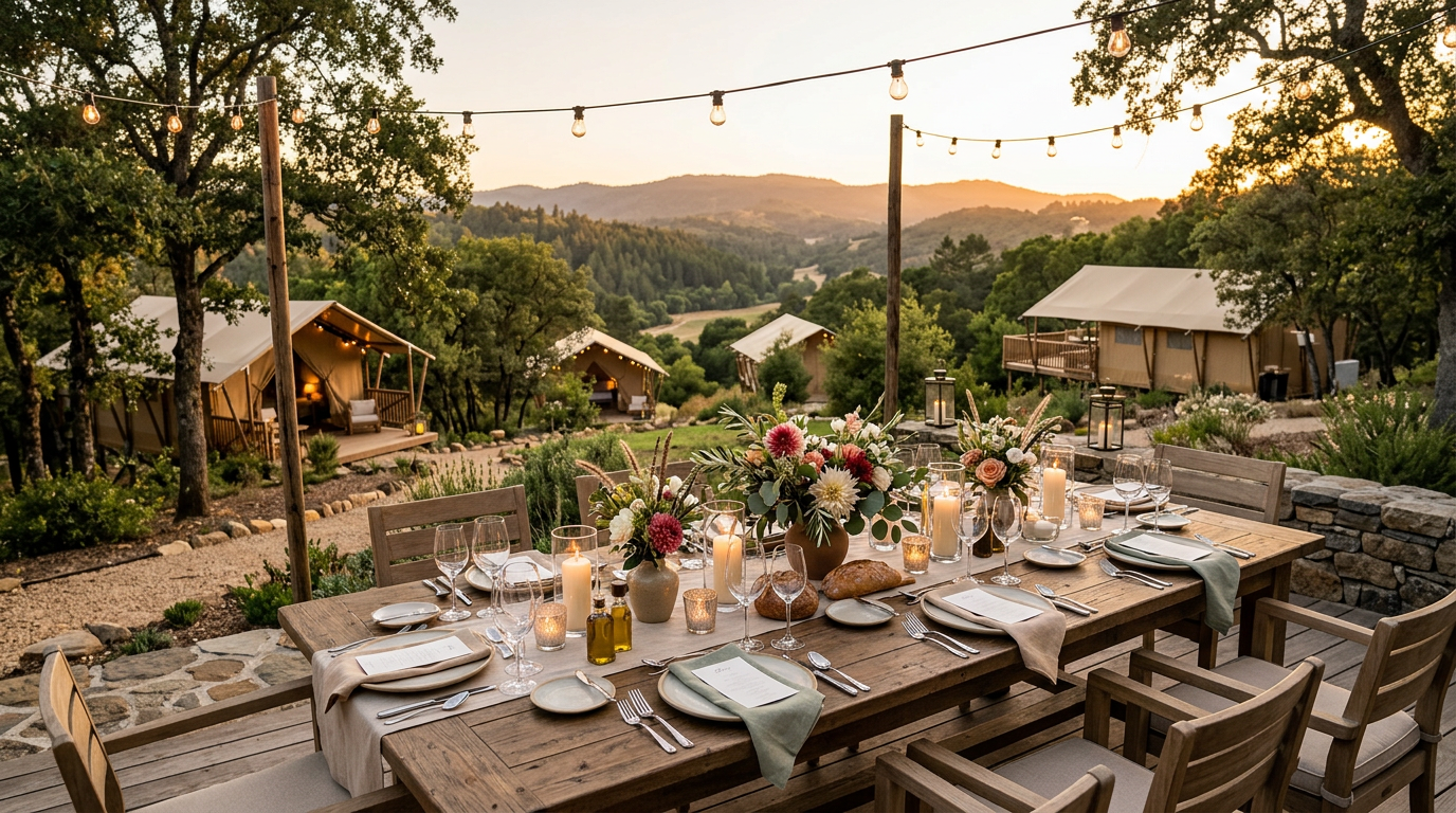 Luxury outdoor dining setup at a glamping resort during golden hour
