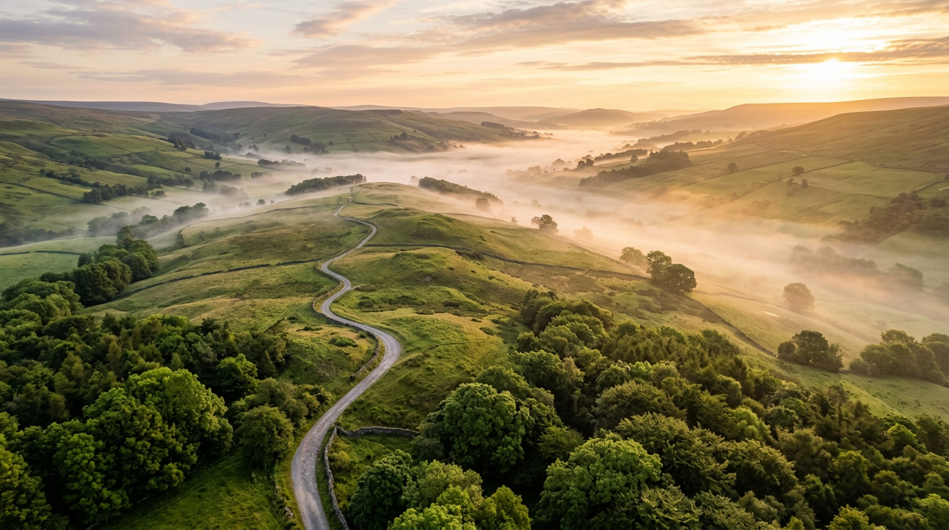Aerial view of a rural estate with rolling hills and morning mist
